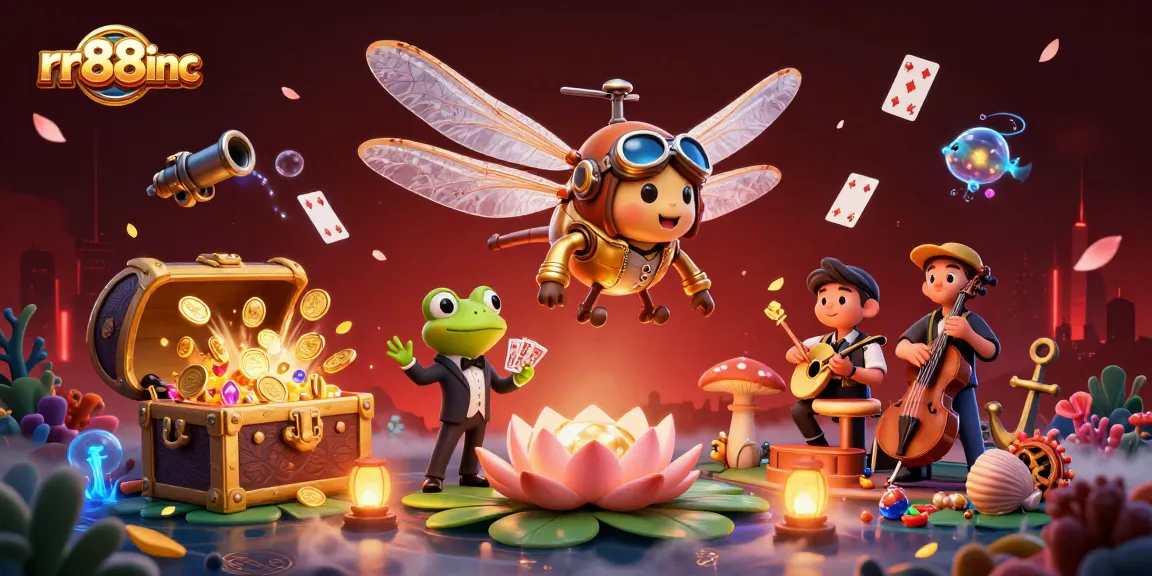 Engage in fun gameplay at rr88inc with a whimsical dragonfly pilot and frog croupier in a lively casino scene.
