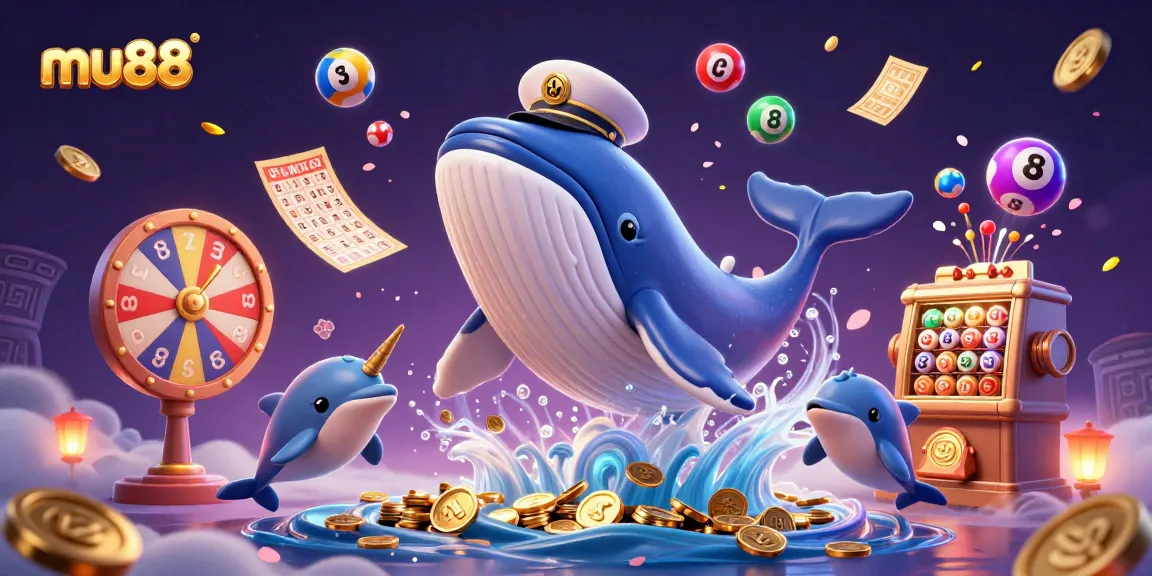 Win big with mu88 in this vibrant scene featuring a whale and playful dolphins