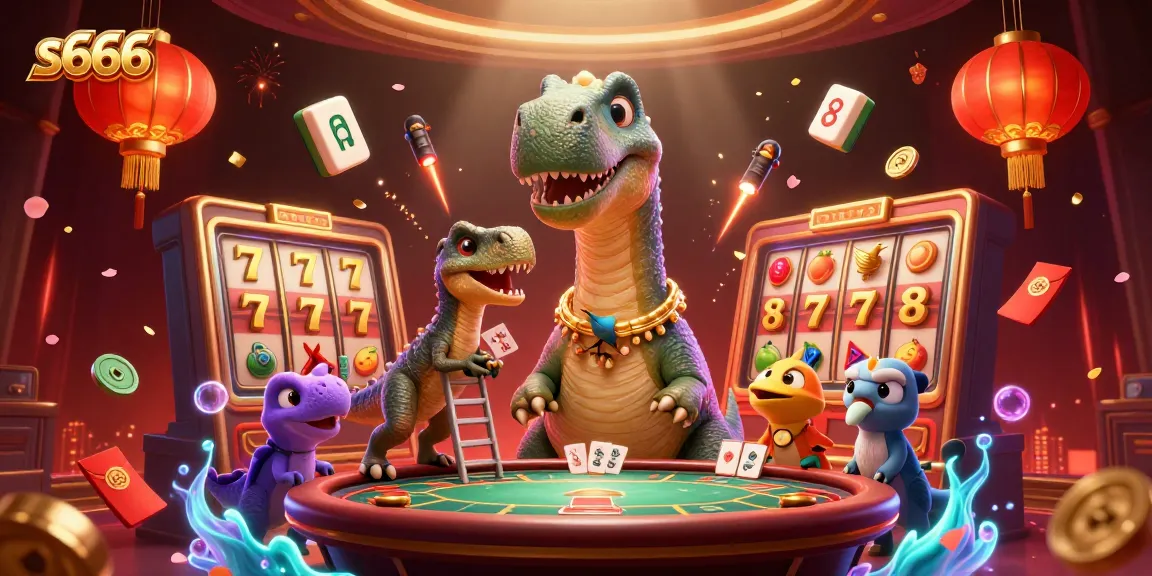 S666 casino vibrant illustration featuring a cartoon dinosaur and a clever raptor in action.
