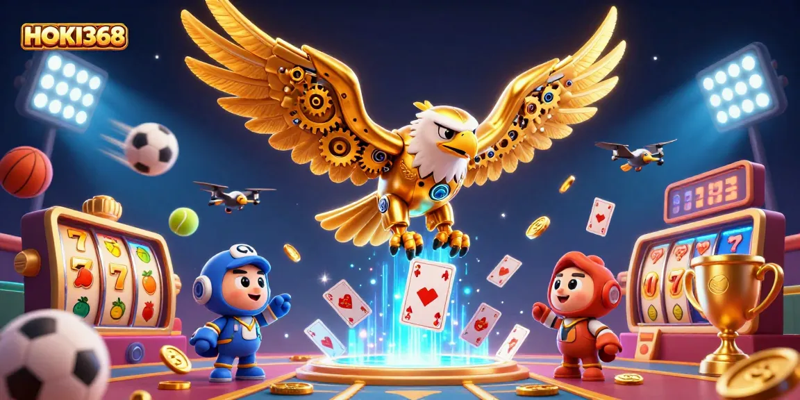 Win big at HOKI368 with immersive 3D gambling experience featuring a cybernetic golden eagle amidst dynamic casino elements.