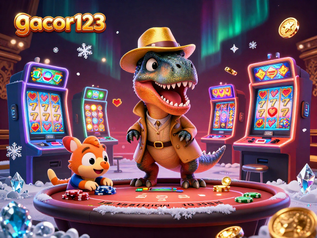 Experience the lively world of gacor123 with colorful slot machines and animated characters engaged in thrilling gambling at the casino.