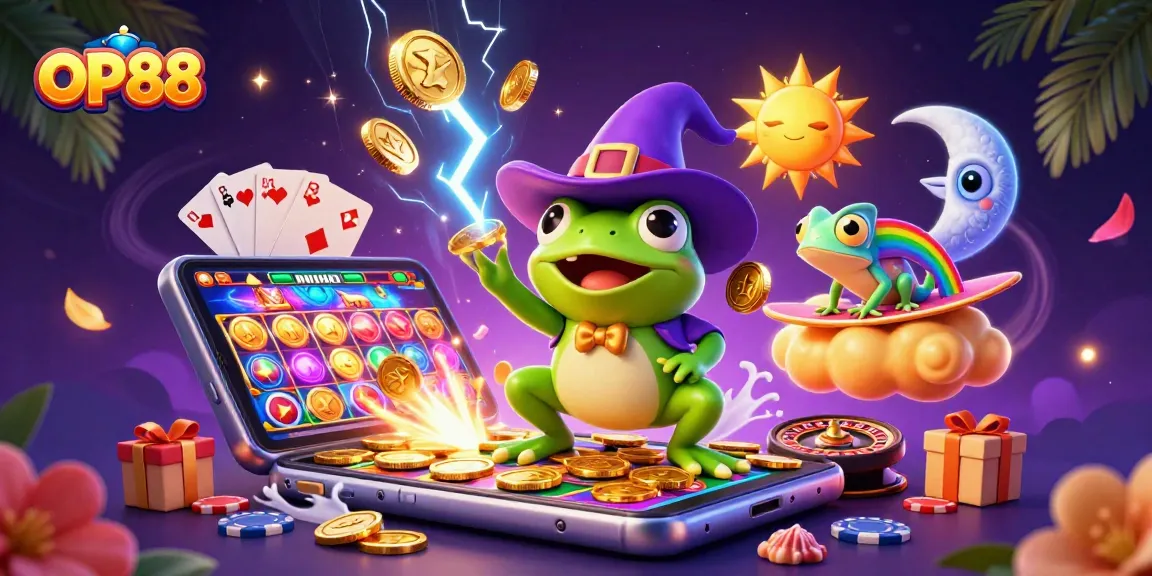 OP88 offers thrilling gaming experiences with golden coins and vibrant characters in a fantasy scene.