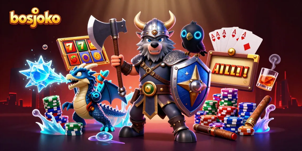 Menangkan jackpot dengan bosjoko slot online, dikelilingi simbol keberuntungan dan karakter kartun heroik.