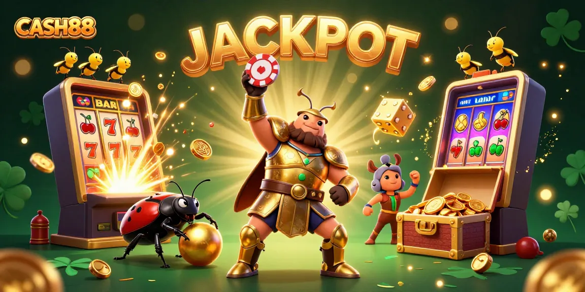 CASH88 jackpot celebration with a victorious beetle lifting a poker chip and dynamic gaming elements