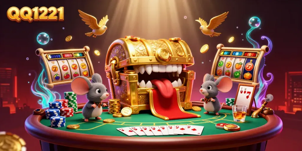 Lure in new players with QQ1221's captivating 3D illustration featuring vibrant slots and treasure.