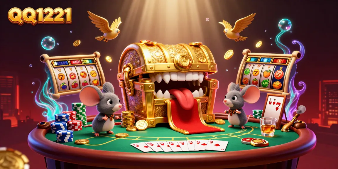 Lure in new players with QQ1221's captivating 3D illustration featuring vibrant slots and treasure.