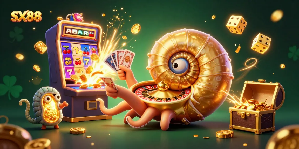 SX88 offers an exciting experience with a giant nautilus, game elements, and jackpots in a vibrant casino atmosphere.
