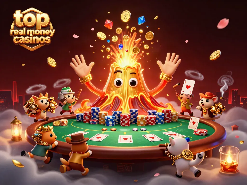 Experience excitement at top real money casinos with a golden volcano erupting coins and cards.