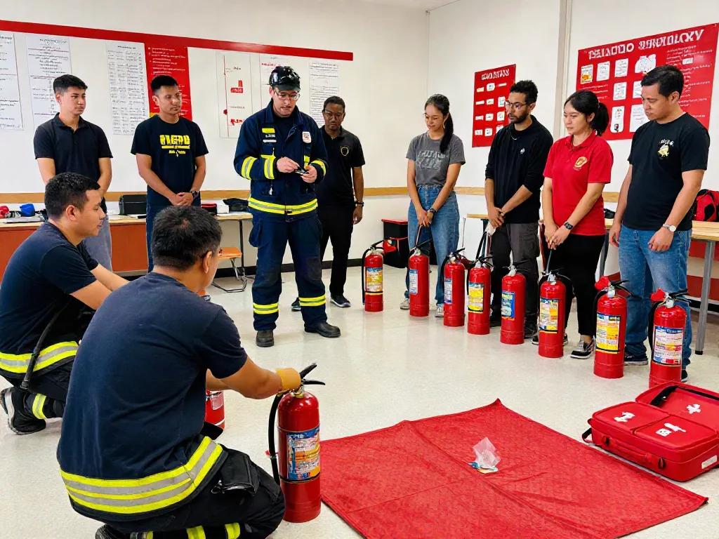 Hands-on NFPA Certification Training workshop with diverse professionals practicing fire safety techniques.