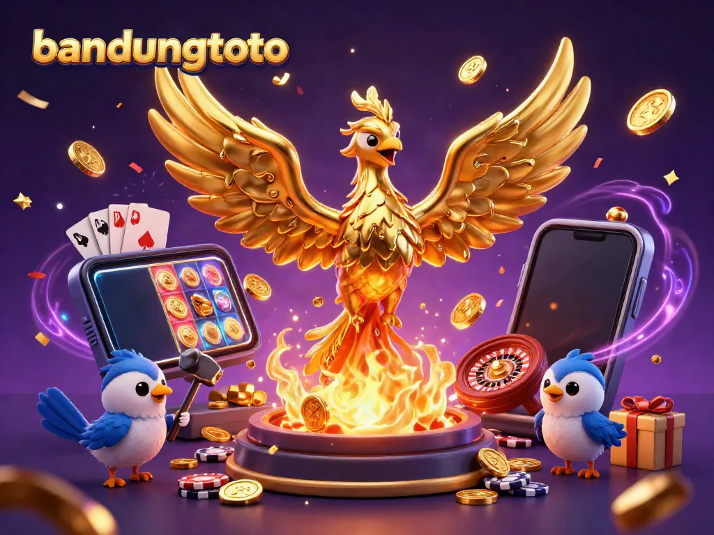 Experience the thrill of bandungtoto with a vibrant 3D illustration of gaming excitement and golden winnings.