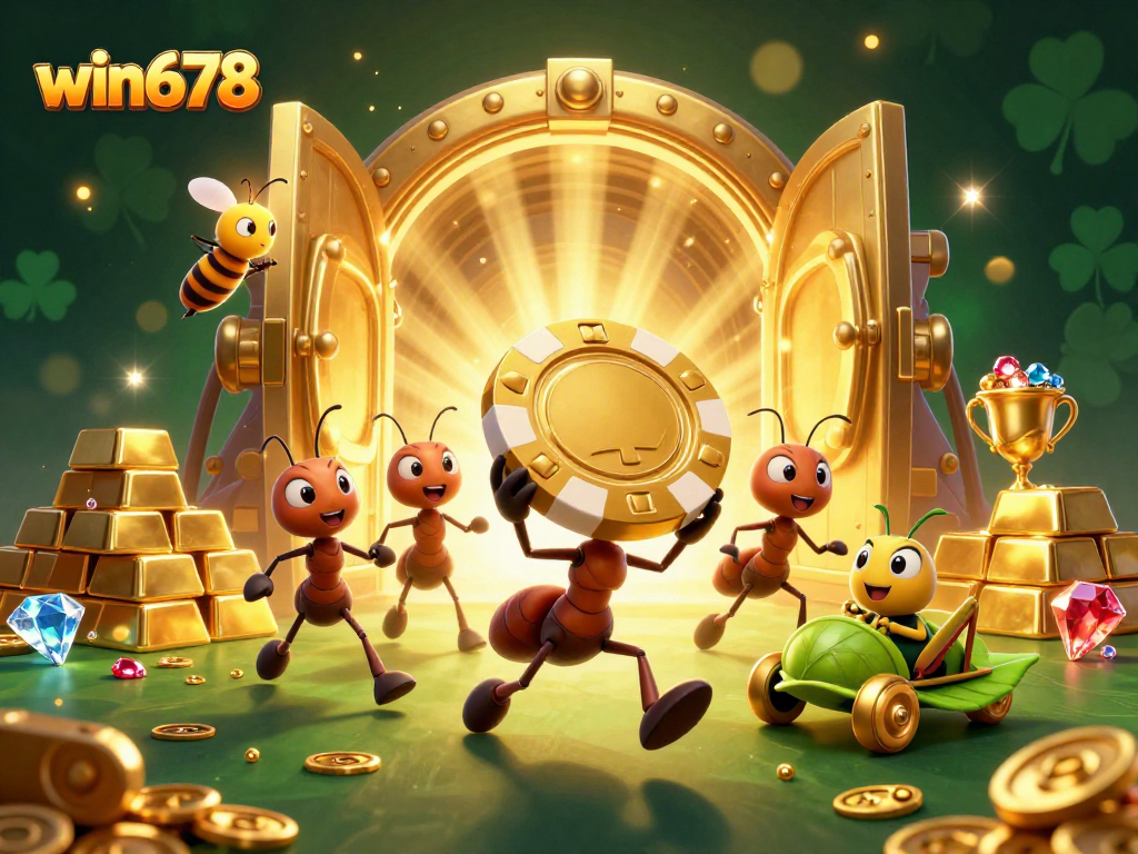 Win678 ants executing a heist with a golden chip amidst treasures and sparkling gems.