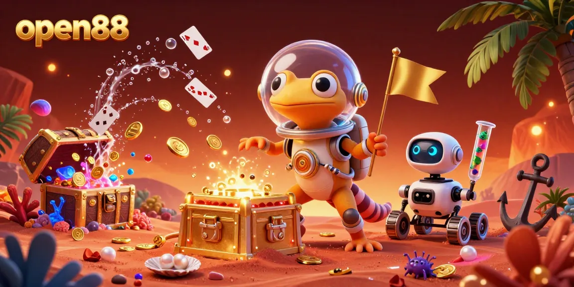 Experience the exciting world of open88 with a Martian gecko discovering a golden casino's treasures.