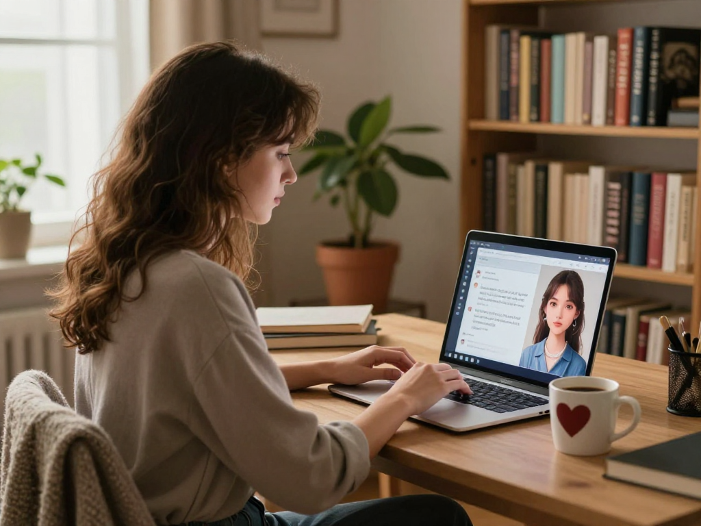 Young woman interacting with her AI girlfriend in a cozy home office.