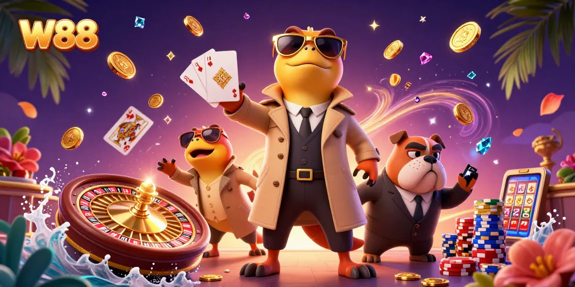Experience W88 with three cartoon raptors entering a VIP casino surrounded by golden coins and a bouncer.