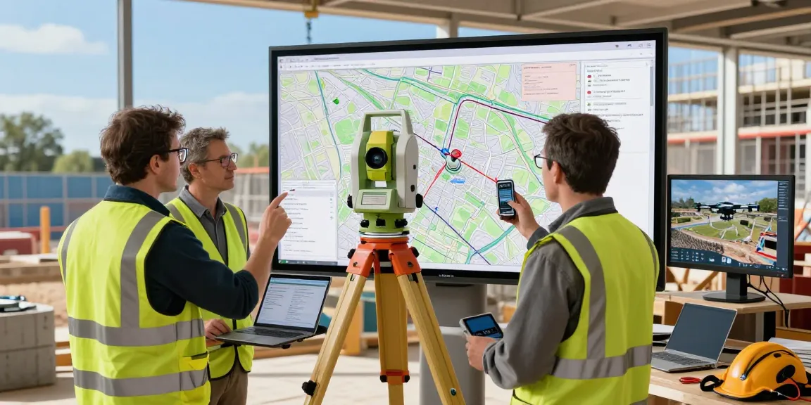 Land surveyors London collaborating on advanced surveying equipment at a construction site.