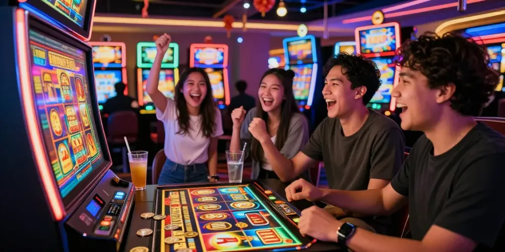 Excited friends celebrating a win at a slot gacor machine in a lively casino.