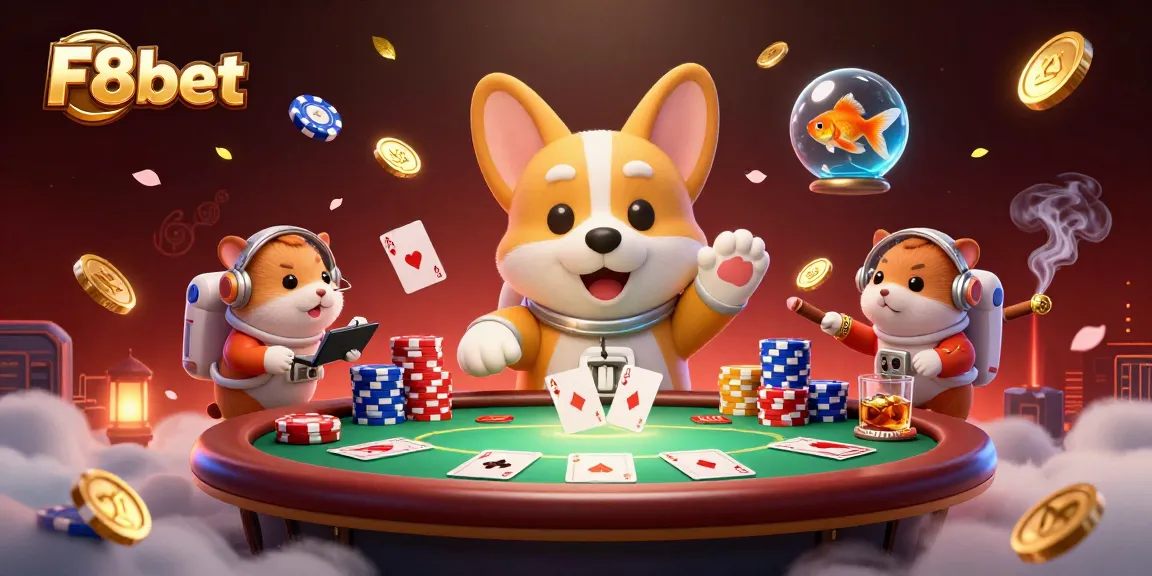 F8bet offers exciting casino experiences with a floating astronaut corgi and poker elements.