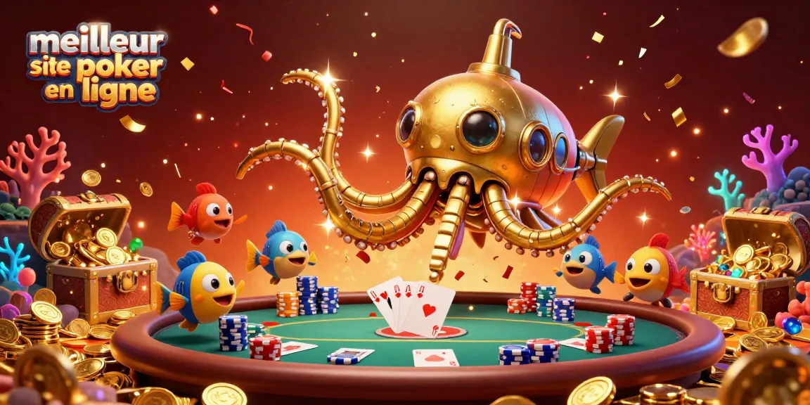 Illustration dynamique du meilleur site de poker en ligne avec poker, jetons et une ambiance festive.