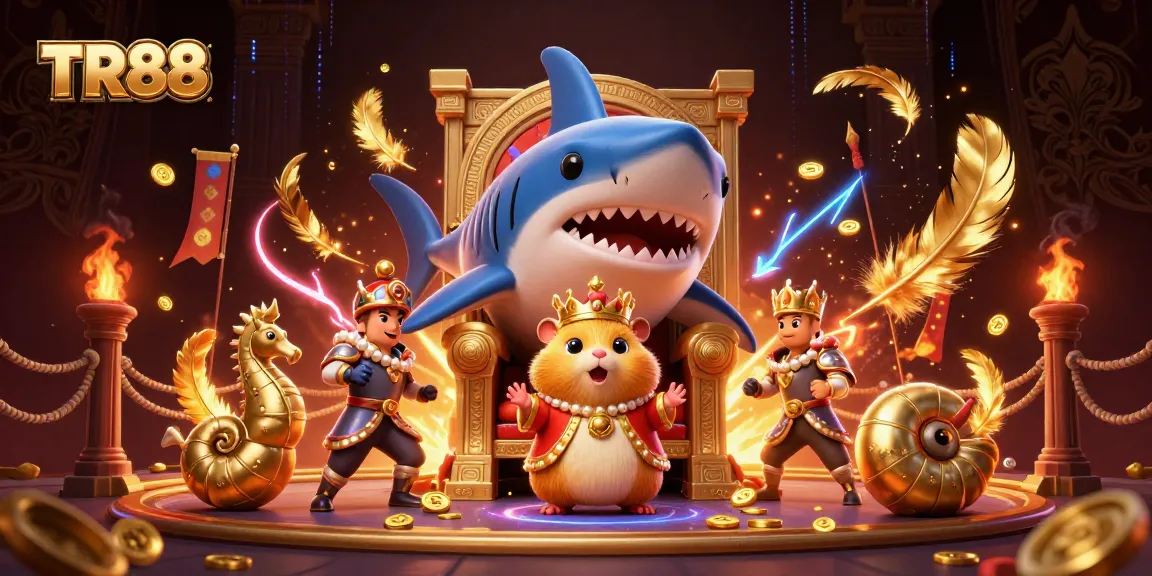 Engage with the vibrant TR88 casino scene featuring a golden hamster king and lively game elements.