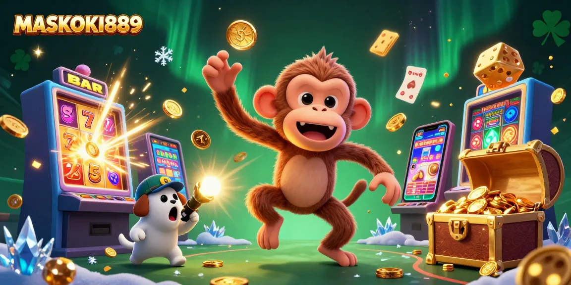 Engage with MASKOKI889 as a mischievous monkey juggles casino treasures amidst vibrant jackpot excitement.