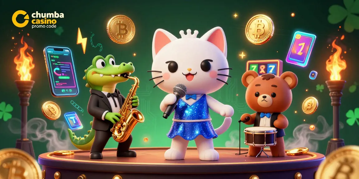 Engage with the excitement of "chumba casino promo code" in this lively casino scene featuring animated characters and game elements.