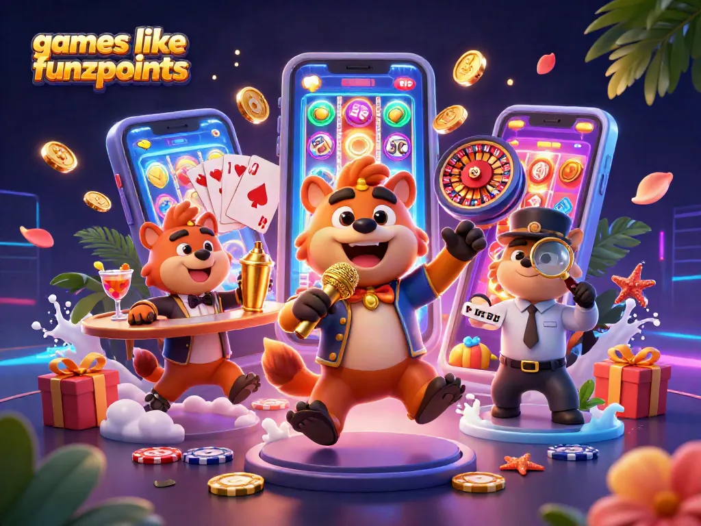 Play exciting games like funzpoints with lively hyena characters in a vibrant casino club.