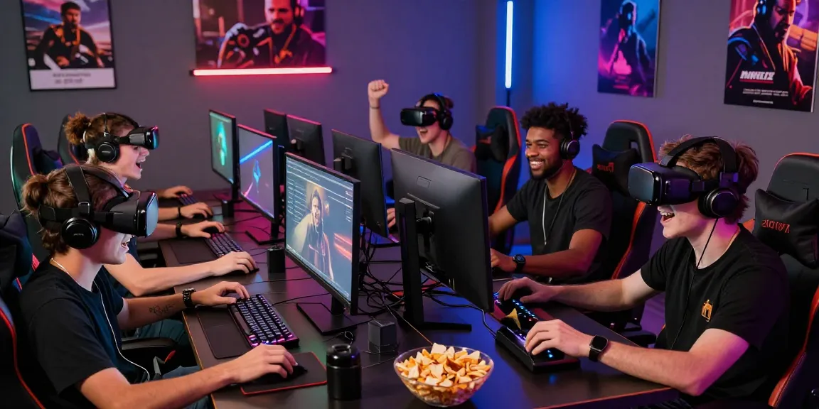 Pengalaman bermain king128 di ruang permainan modern dengan pemain bersemangat dan perangkat gaming canggih.