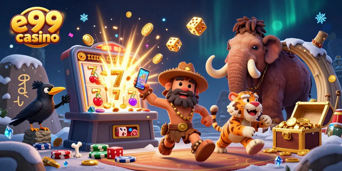 Experience thrilling gameplay at e99 casino with a dynamic 3D illustration showcasing a caveman duo, slot machines, and vibrant casino elements.
