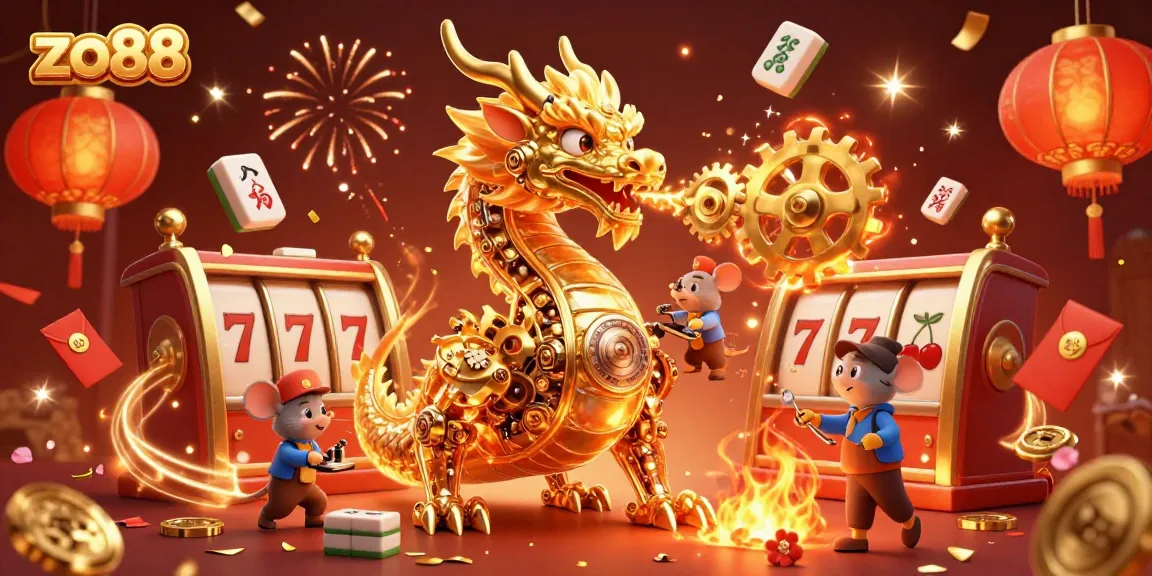 Engage in thrilling gameplay at zo88 with a golden dragon breathing gears in a vibrant casino scene.