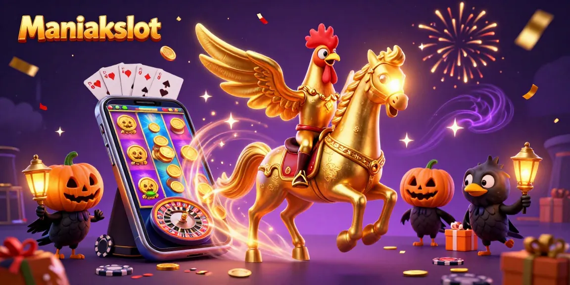 Spin to win with Maniakslot in a vibrant casino scene featuring golden rooster and mystical elements.