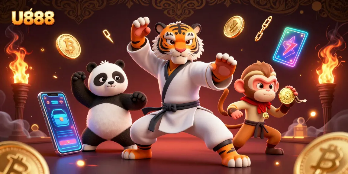 Engage with U888's vibrant online gaming world featuring a dynamic 3D scene with a kung fu master, panda disciple, and monkey, amidst glowing crypto symbols.