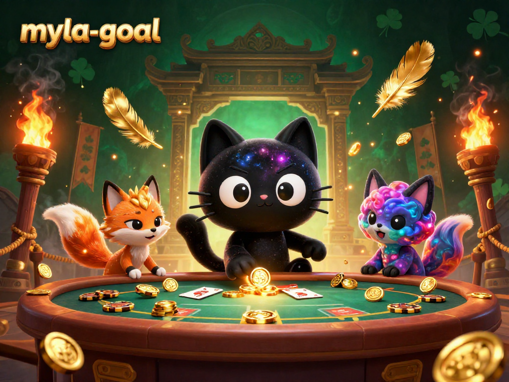Engaging myla-goal game scene featuring cartoon cat and fox at a cosmic casino table with golden chips.