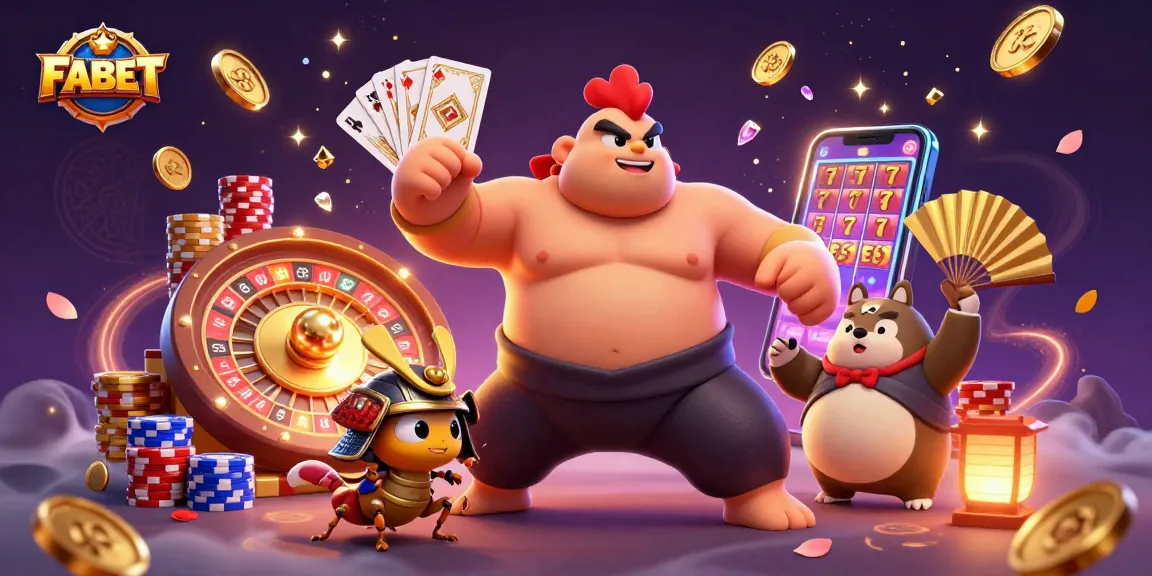 FABET brings thrilling casino action with golden coins, a sumo rooster, and a samurai cricket in a vibrant 3D scene.