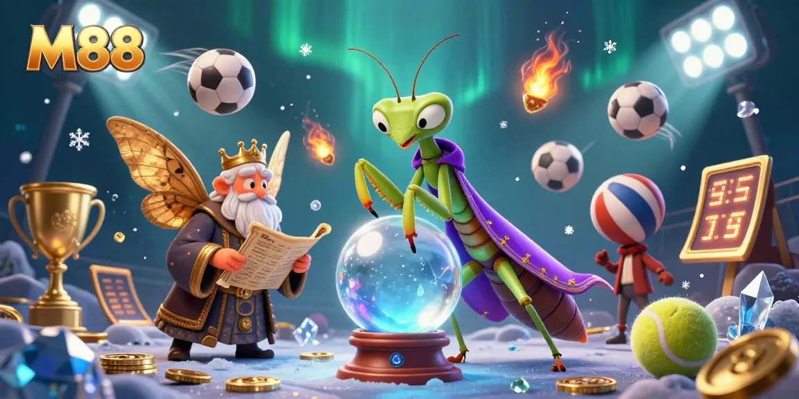 M88 sports betting scene with mystical fortune teller, engaging in predictions and dynamic sports elements.