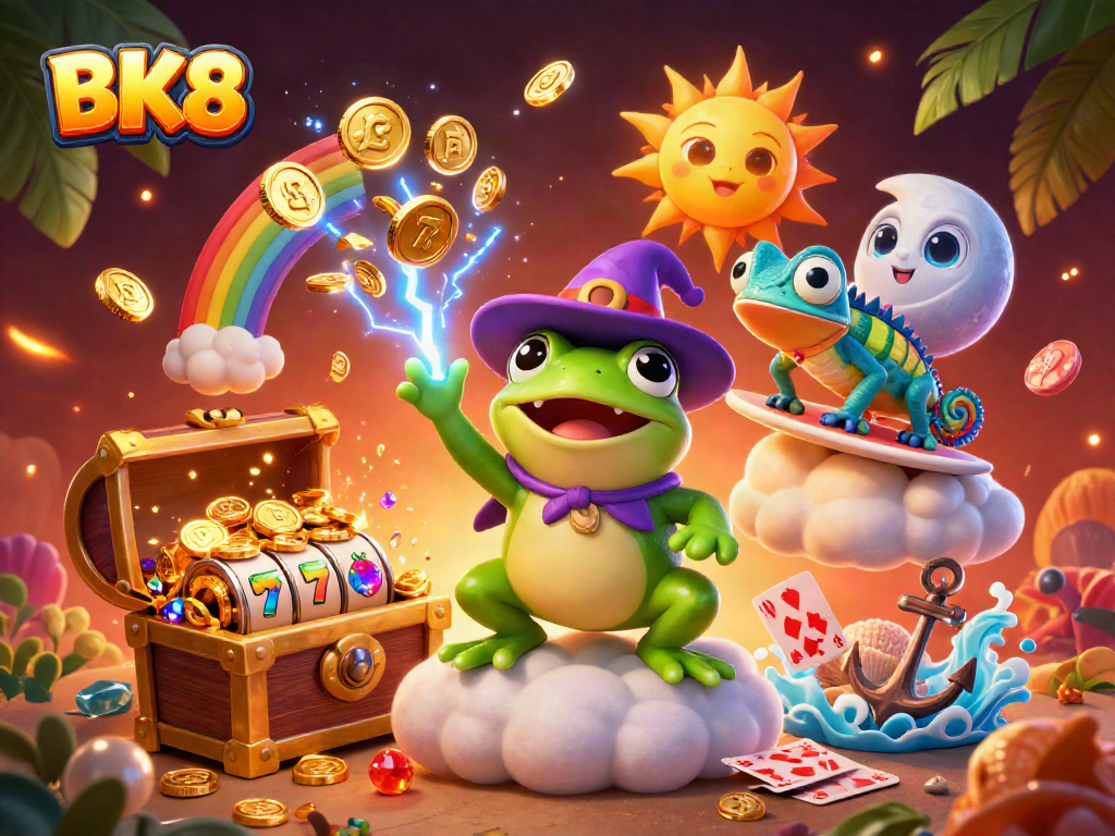 Experience gaming magic at BK8 with vibrant characters and golden slot elements