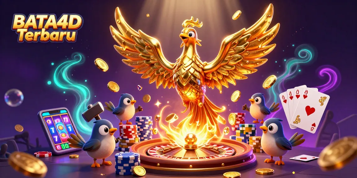 BATA4D Terbaru showcases a golden phoenix and a lively casino scene filled with coins and cards.