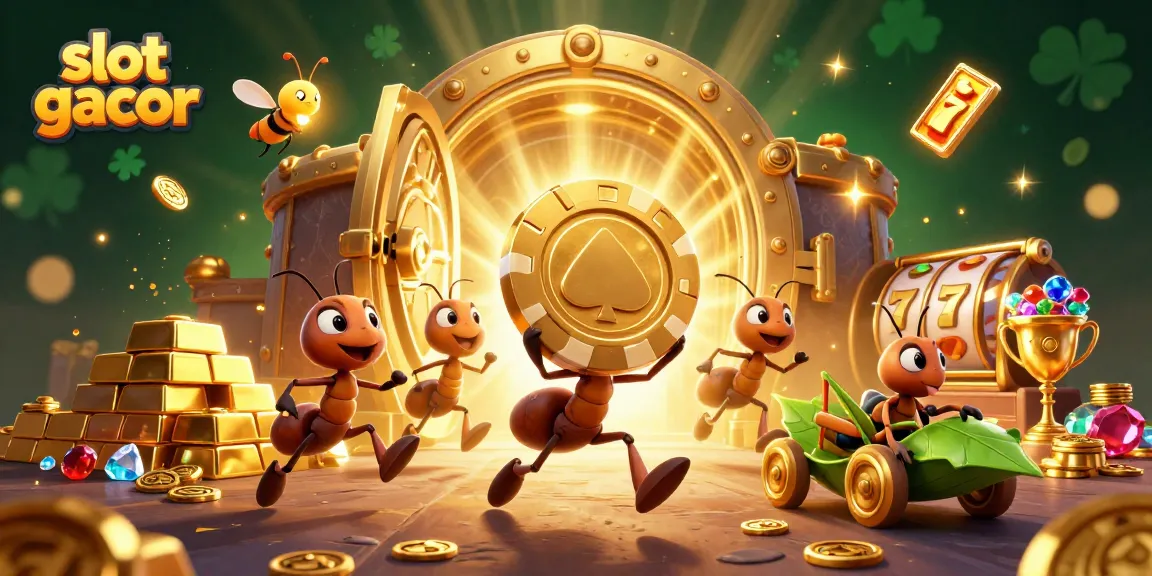 Experience the excitement of slot gacor with dynamic ants heisting a giant poker chip amidst treasures