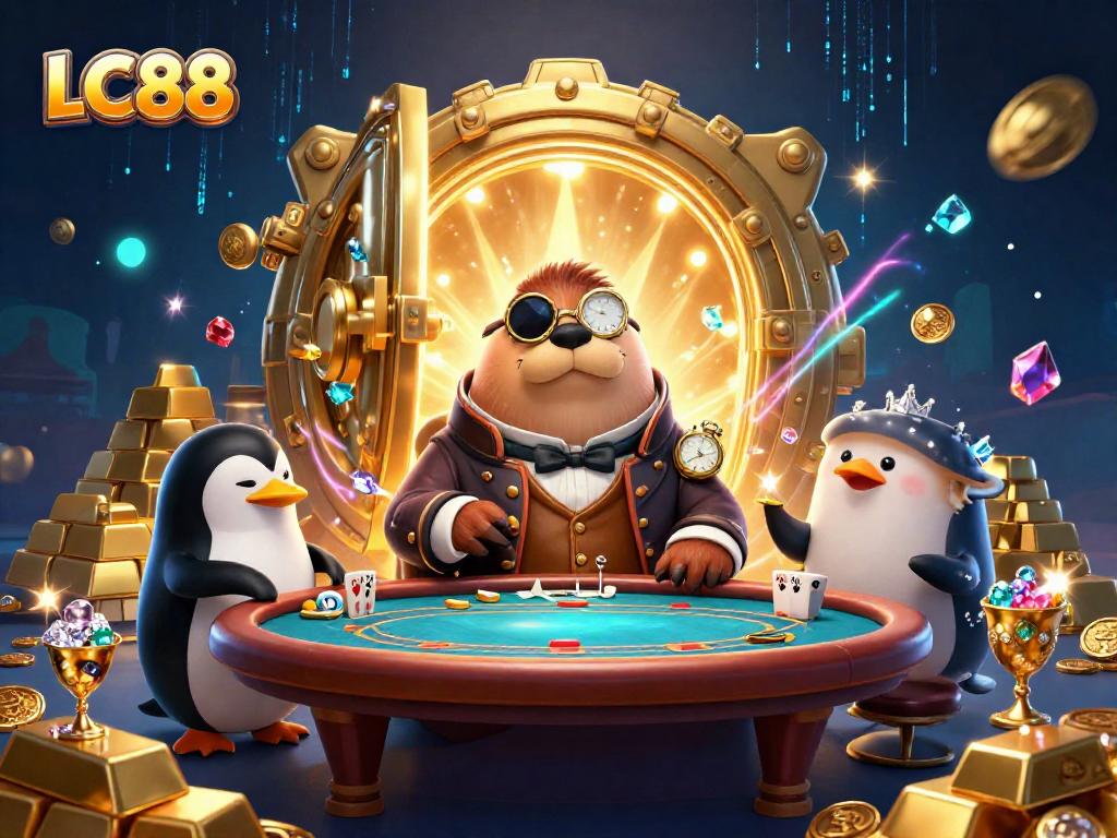 Play exciting games at LC88 with a cheerful walrus, penguin dealer, and bluffing pufferfish surrounded by dazzling treasures.