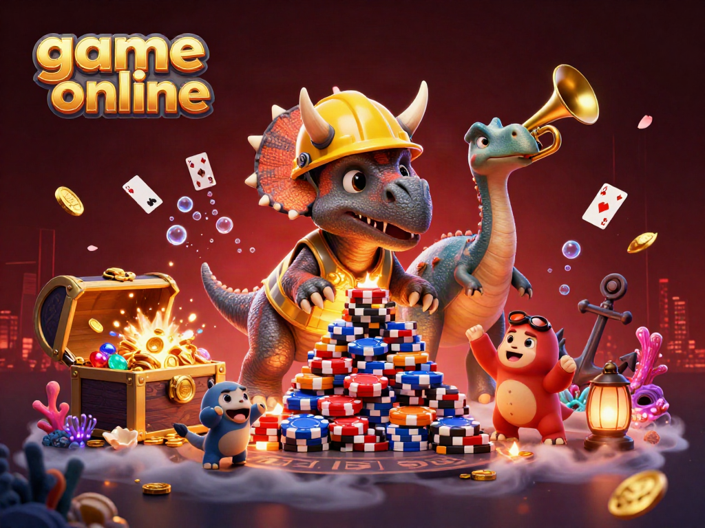 Engage with game online excitement as a triceratops builds a poker chip pyramid in a lively casino scene.