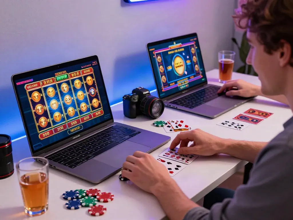 Người chơi vui vẻ trải nghiệm vvwin với laptop và poker chips tại bàn chơi.