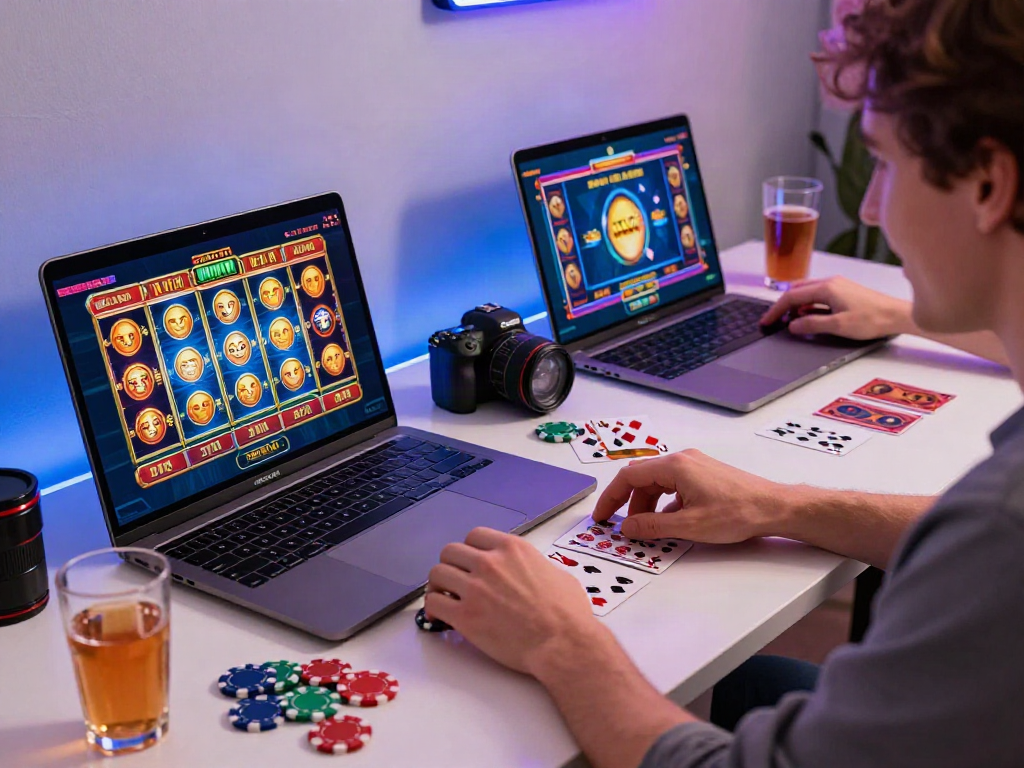 Người chơi vui vẻ trải nghiệm vvwin với laptop và poker chips tại bàn chơi.