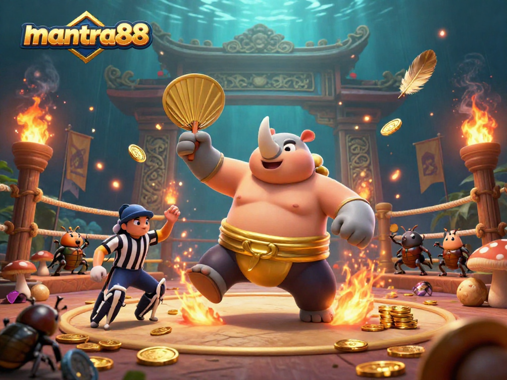 Experience the thrilling action of mantra88, where champions vie for jackpots amid swirling golden coins and fervent crowds.