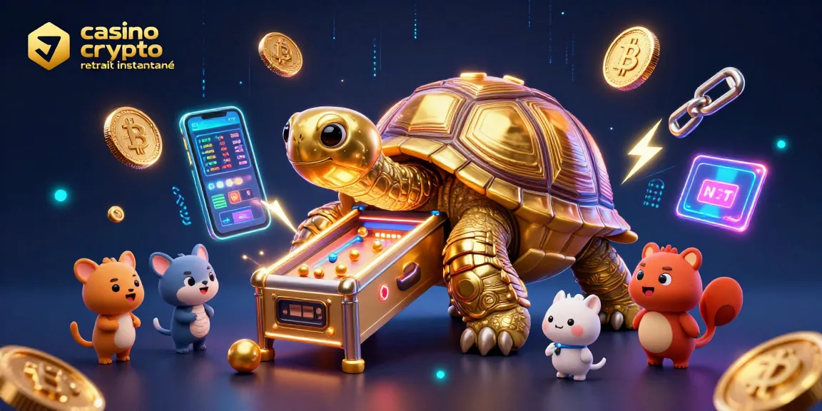 Jouer sur un casino crypto avec retrait instantané avec des tortues et des pièces Bitcoin flottantes.
