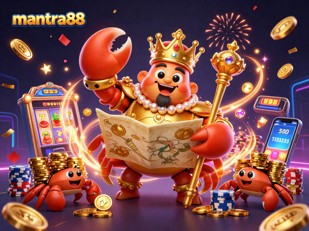 Experience the thrill of mantra88 with a vibrant 3D crab emperor, cascading coins, and jackpot symbols.