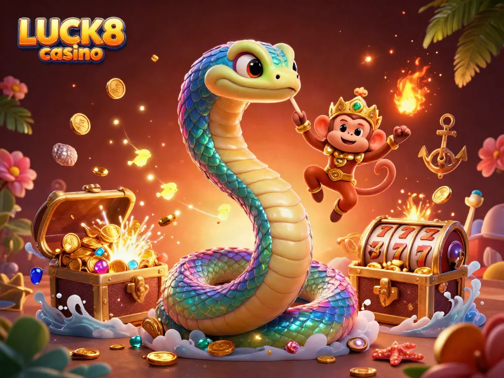 Engage with LUCK8 casino's thrilling world featuring vibrant characters, treasure, and slots in a colorful 3D scene.