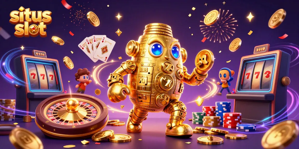 Catching wild wins at situs slot with animated golden golem, coins, and luxurious casino elements