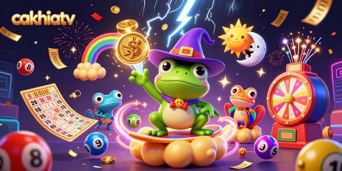 CakhiaTV captivates gamblers with a vibrant 3D scene of a wizard frog and chameleon amid celebratory gambling elements.