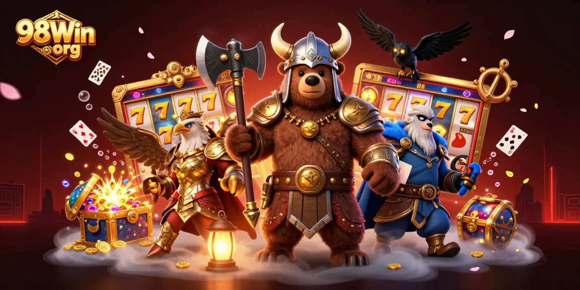 Win big with 98Win org in this vibrant 3D casino scene showcasing epic gaming adventure.