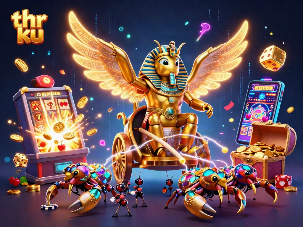 Win big at thr ku with vibrant 3D casino illustration featuring iconic gaming elements.