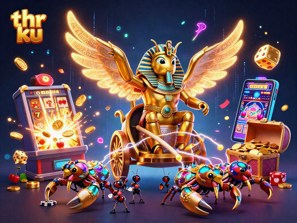 Win big at thr ku with vibrant 3D casino illustration featuring iconic gaming elements.